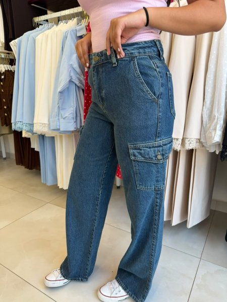 جينز كارغو Wide Leg بخصر مرتفع